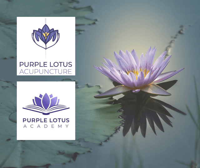 A purple lotus flower and leaf background with the purple lotus acupuncture logo of hands holding a purple lotus and the purple lotus academy logo of hands holding and purple book with a lotus in the middle